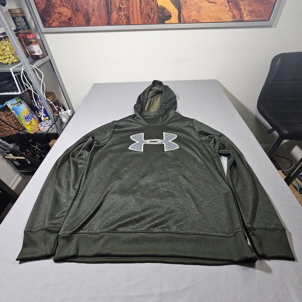 Under Armour ColdGear Hoodie Mens Large Green Gray Quilted Logo Pullover Loose